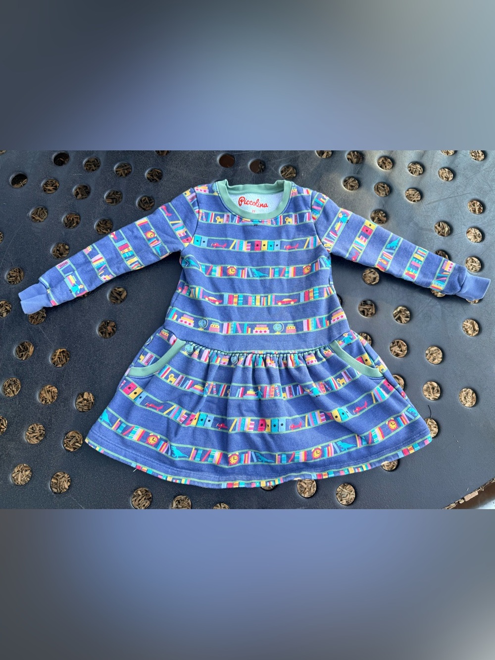 Piccolina Long Sleeve Dress Girls 2T Blue Bookshelf Print Cotton Colorful Fun